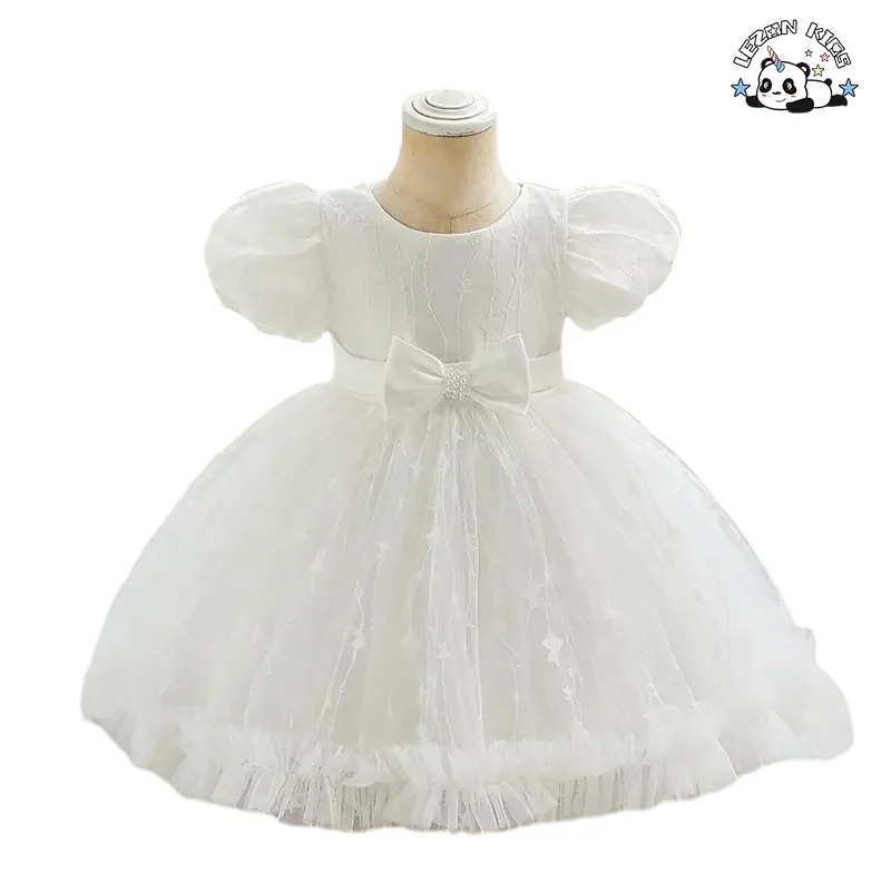 LEZONKIDS - Pink Flower Sequins Girl Dresswith Puff Sleeves Pageant Dress in Wedding or Party for 1st Baby Girl